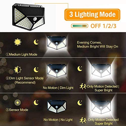100 LED Solar Light Outdoor PIR Motion Sensor 3 Modes Wall Lamp Four-Sided Waterproof, Garden Yard, Patio Yard