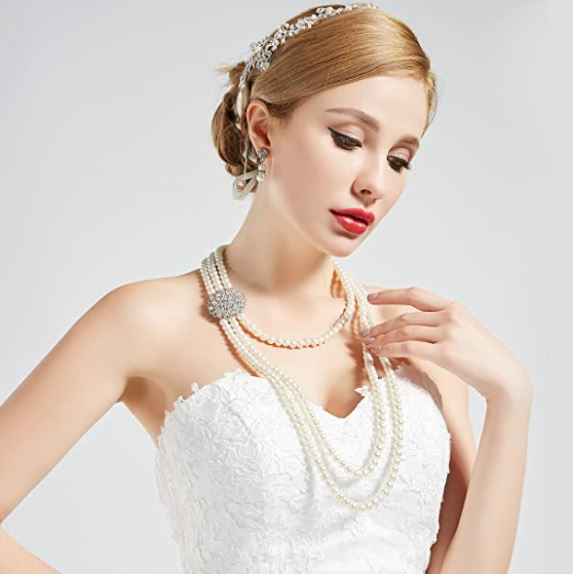 1920s Gatsby Pearl Necklace Vintage Bridal Pearl Necklace Earrings Jewelry Set Multilayer Imitation Pearl Necklace with Brooch