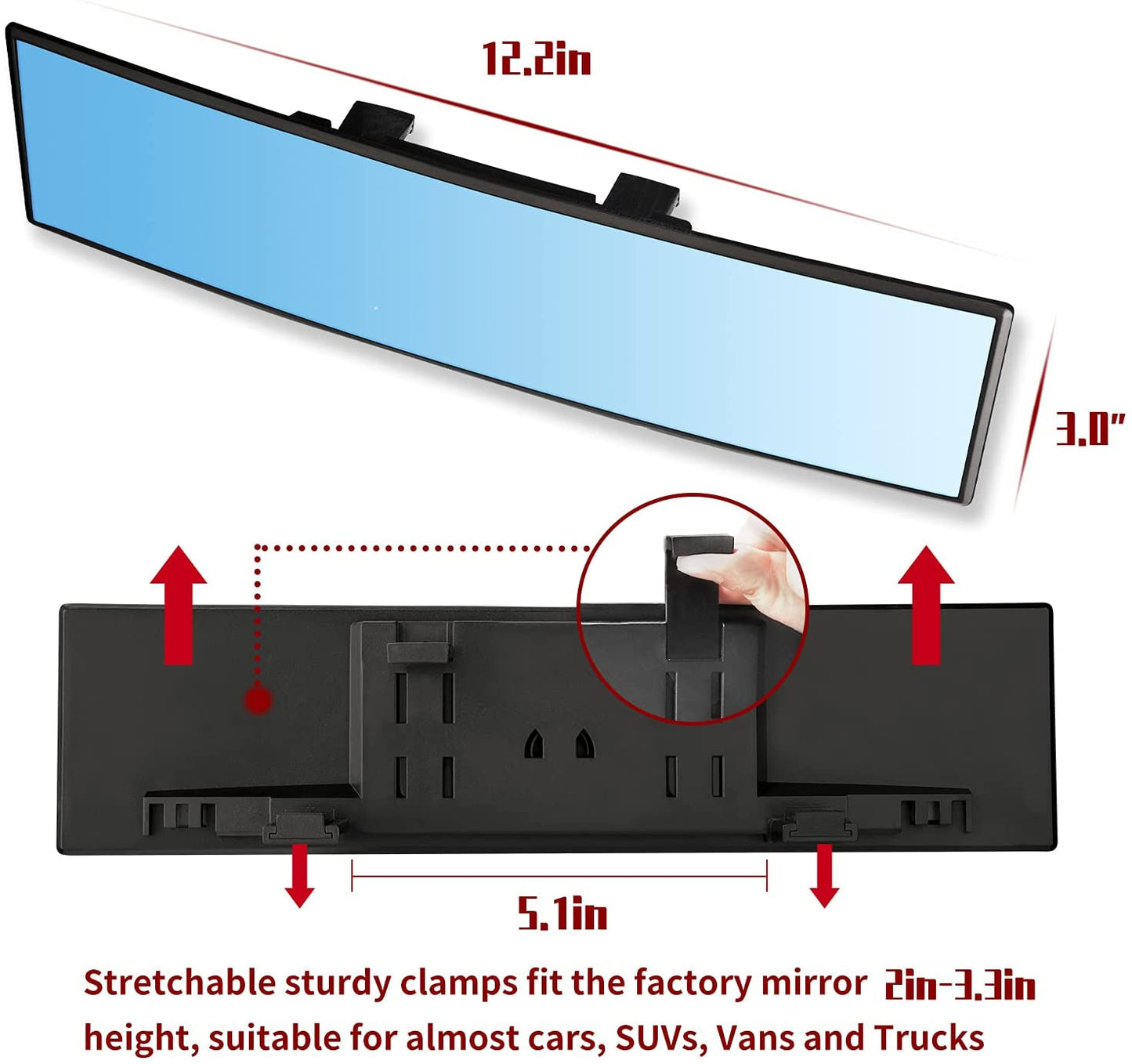 Yoolight Car Rearview Mirrors 3R Car Universal 12''Interior Clip On Panoramic Rear View Mirror Wide Angle Rear View Mirror (12 L x 2.8 H)