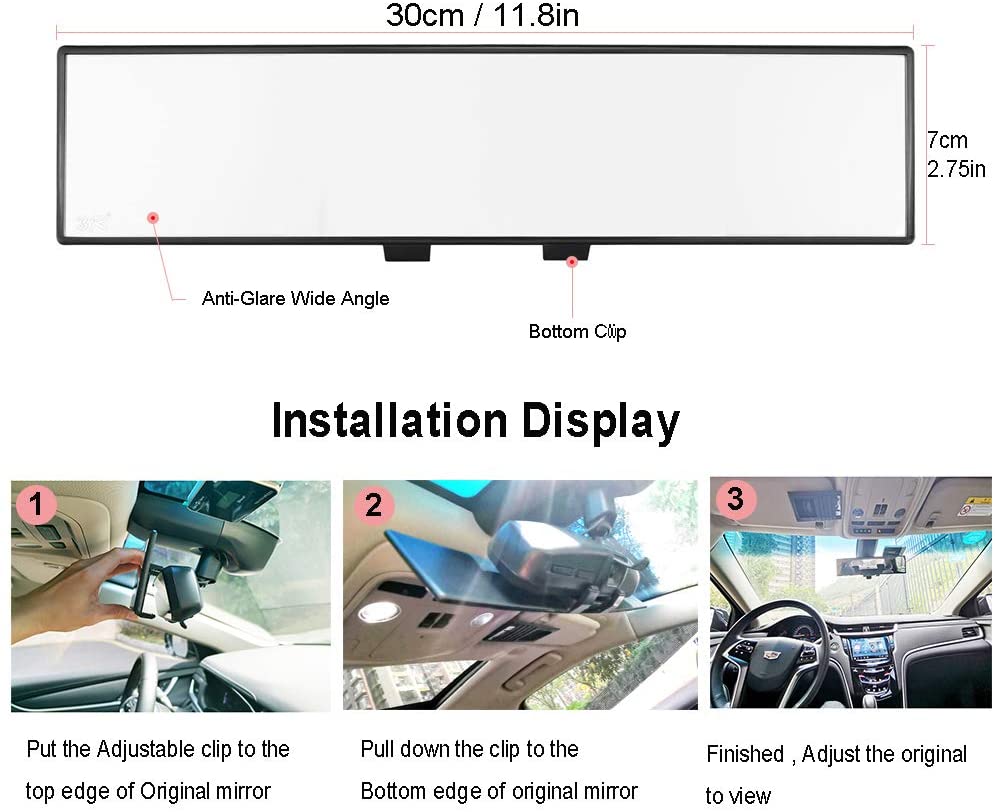 Yoolight Car Rearview Mirrors 3R Car Universal 12''Interior Clip On Panoramic Rear View Mirror Wide Angle Rear View Mirror (12 L x 2.8 H)