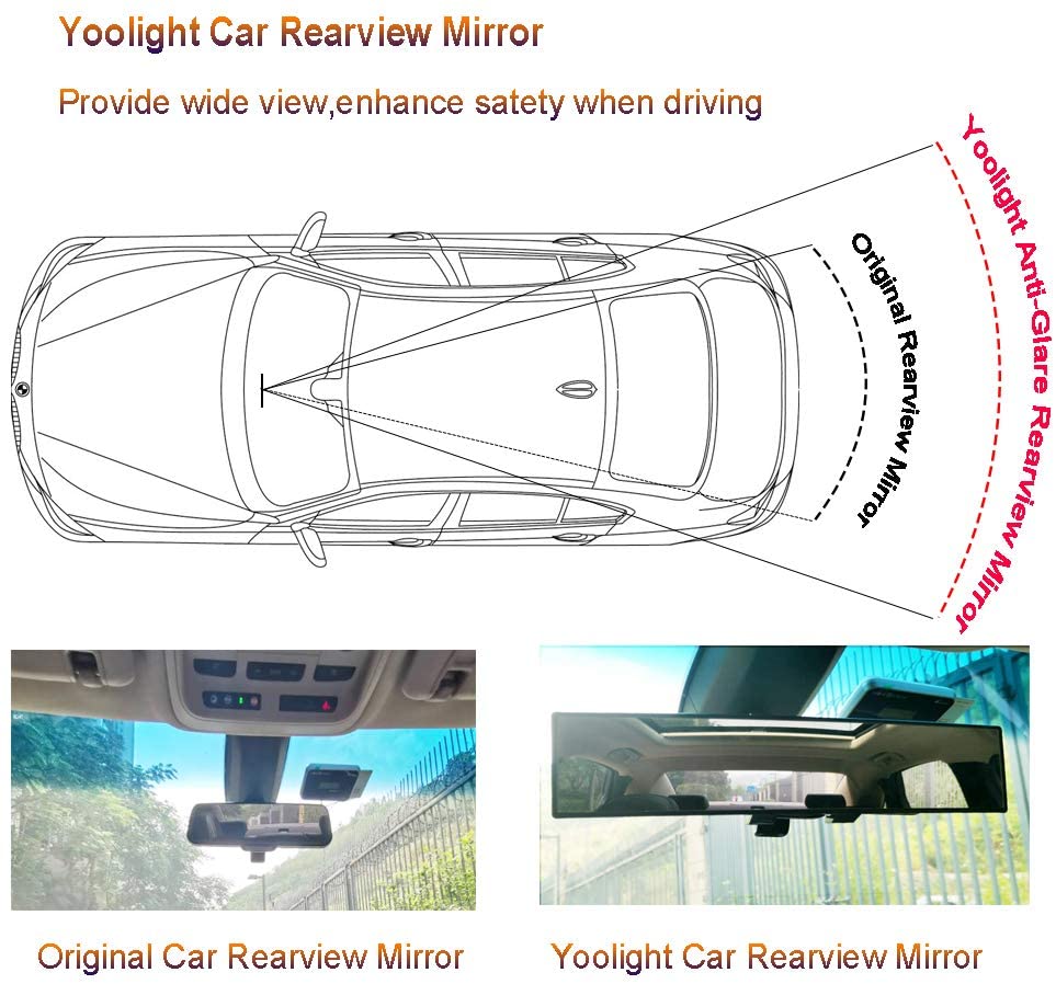 Yoolight Car Rearview Mirrors 3R Car Universal 12''Interior Clip On Panoramic Rear View Mirror Wide Angle Rear View Mirror (12 L x 2.8 H)