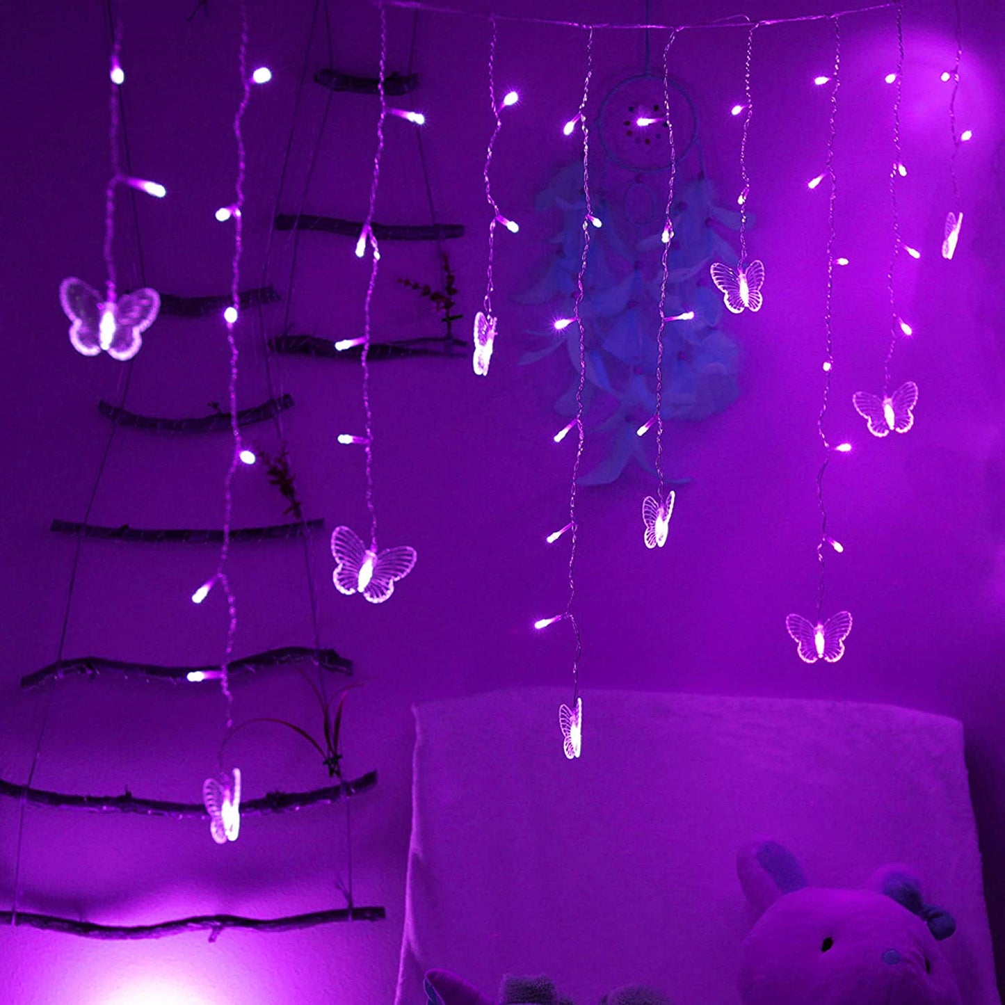 Decorman Curtain Lights 48 LED USB Powered 8 Modes Waterproof Window Curtain String Lights with 10 Butterflies Twinkle Lights for Christmas(Purple)