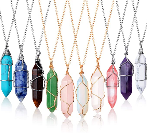 10 Pieces Hexagonal Crystal Pendant Necklace, Full Wire Wrap Gemstone Necklace for Women Girls