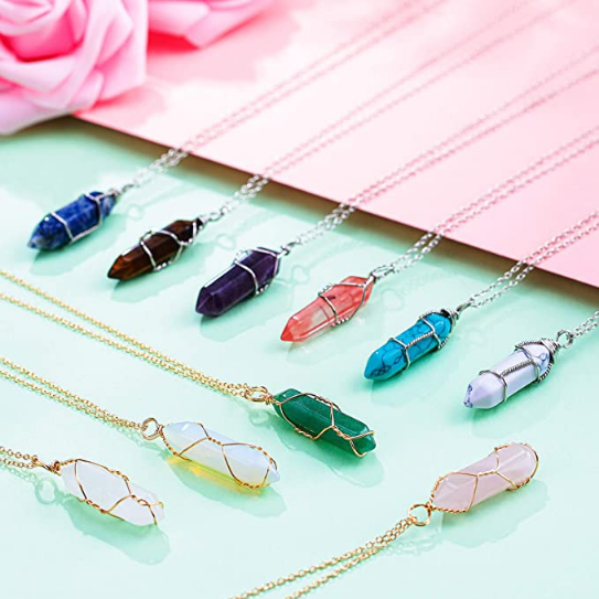10 Pieces Hexagonal Crystal Pendant Necklace, Full Wire Wrap Gemstone Necklace for Women Girls
