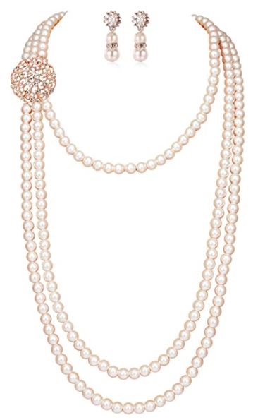1920s Gatsby Pearl Necklace Vintage Bridal Pearl Necklace Earrings Jewelry Set Multilayer Imitation Pearl Necklace with Brooch
