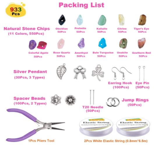 933Pcs Irregular Chips Stone Beads Kit with Ear Wire Spacers Elastic String Jump Rings for DIY Jewellery