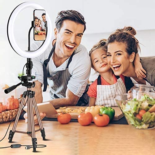 Selfie Ring Light with Tripod Stand, Ring light with Remote & Phone Holder for YouTube/Tiktok Stream/Makeup, LED Circle Light Tripod (Brown)