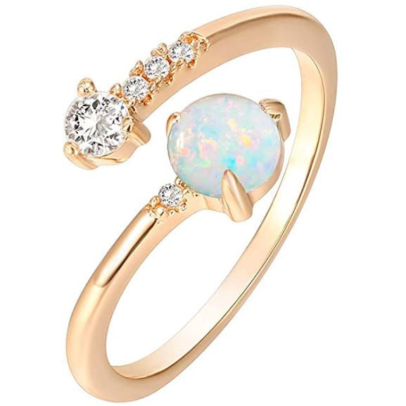 14K Gold Dipped Adjustable Sideways Opal Ring Celebrity Style Double Wrap Layering Stackable Ring Valentine Gift