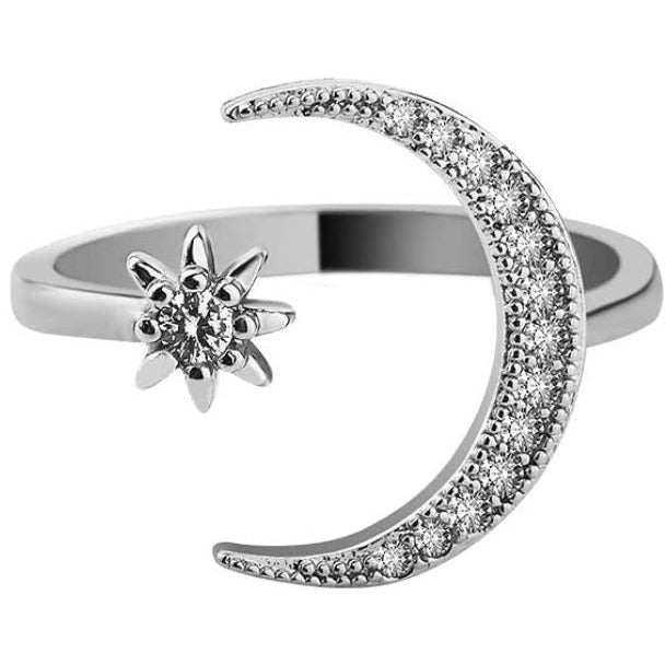 Crescent Moon Ring Gold Plated CZ Star Moon Adjustable Open Rings for Women Girls