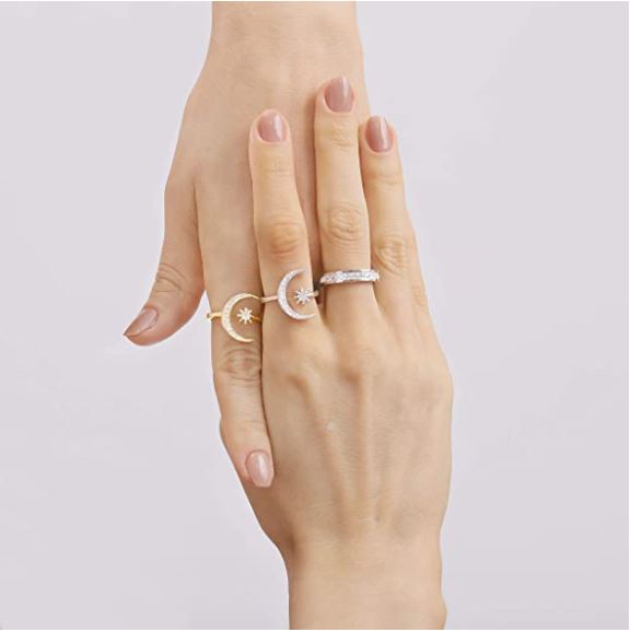 Crescent Moon Ring Gold Plated CZ Star Moon Adjustable Open Rings for Women Girls