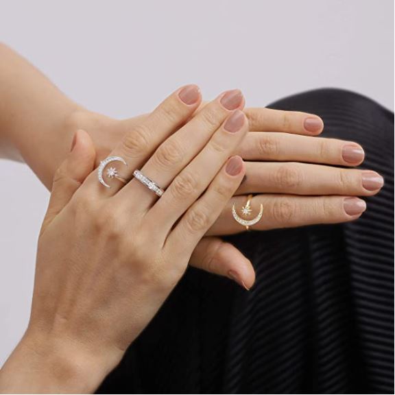 Crescent Moon Ring Gold Plated CZ Star Moon Adjustable Open Rings for Women Girls