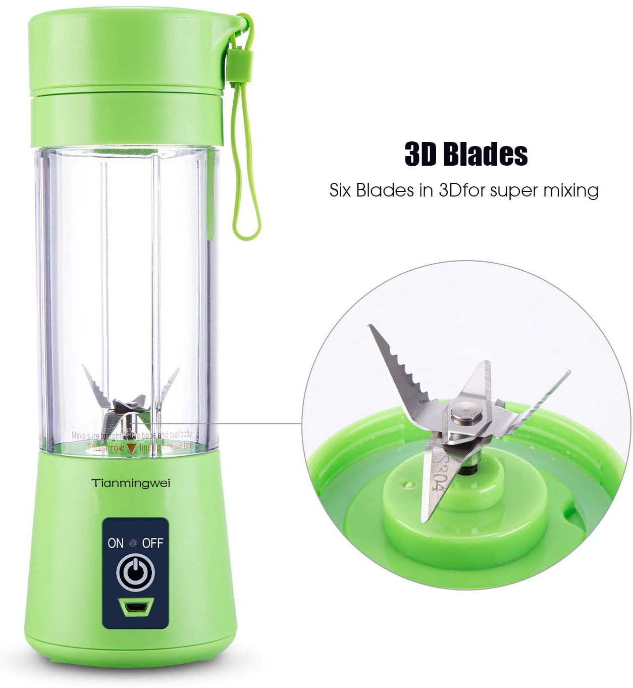 Portable blender Personal 6 Blades Juicer Cup Household Fruit Mixer, With Magnetic Secure Switch, USB Charger Cable 380ML(Green)