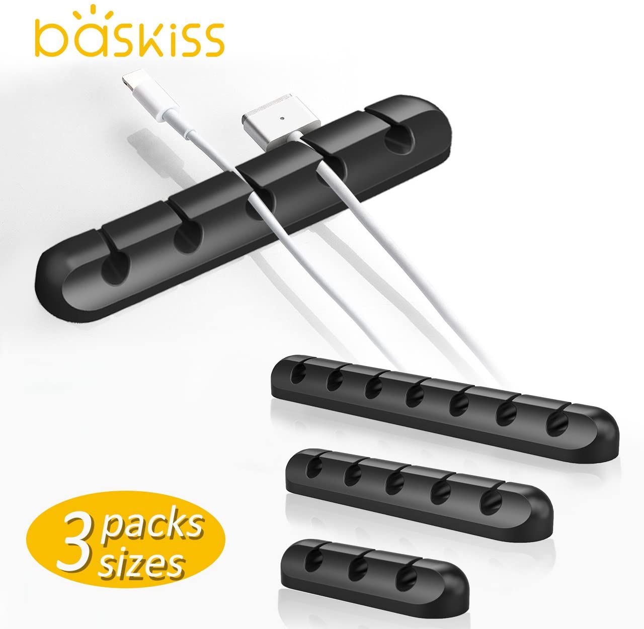 Cable Clips Cord Management Organizer, 3 Packs Adhesive Hooks (7, 5 and 3 Slots) (Black)