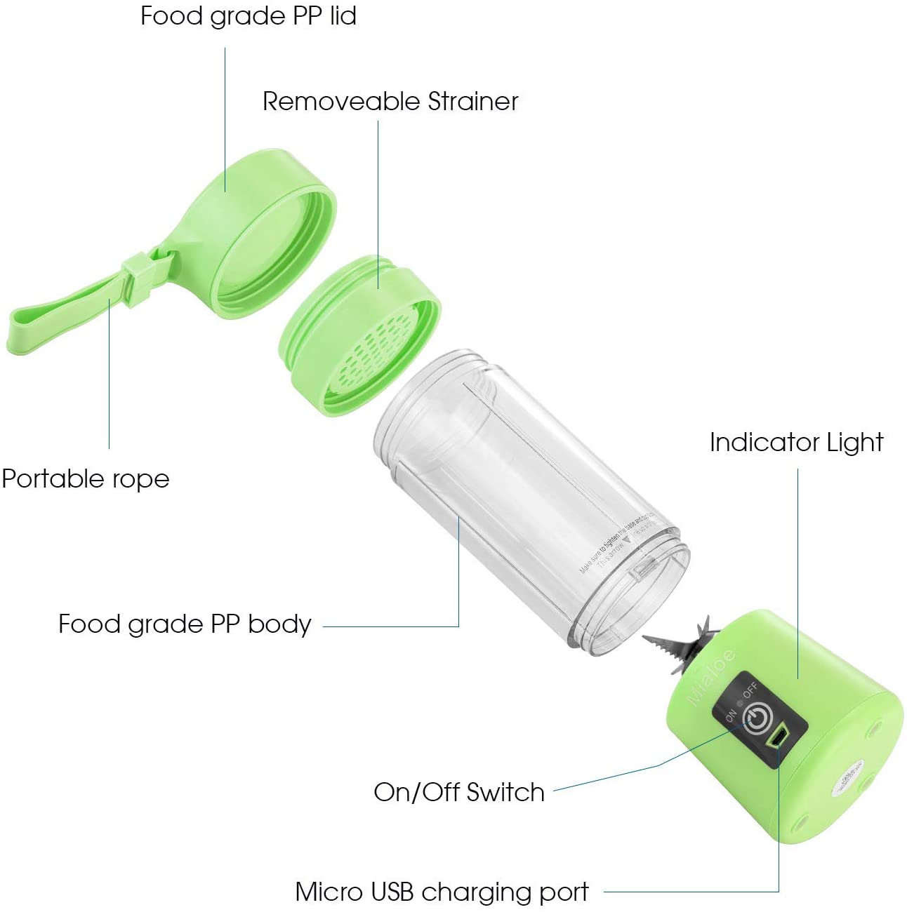 Portable blender Personal 6 Blades Juicer Cup Household Fruit Mixer, With Magnetic Secure Switch, USB Charger Cable 380ML(Green)