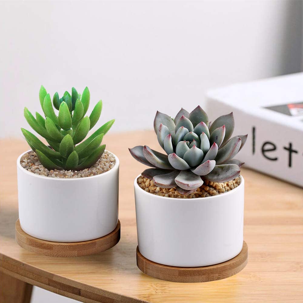 Succulent Planter ZOUTOG White Mini 3.15 inch Ceramic Flower Planter Pot with Bamboo Tray Pack of 4 (Plants NOT Included)