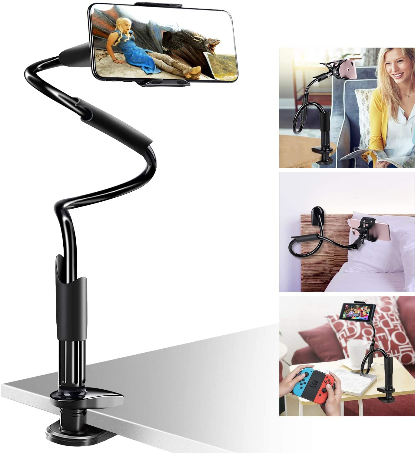 Bed Phone Holder Gooseneck Mount, for Desk Flexible Arm Clamp Mount Stand for IPhone & Samsung(Black)