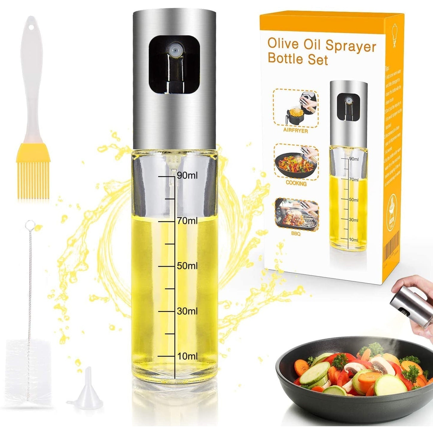 iTrunk Olive Oil Sprayer for Cooking 4 in 1 Refillable Oil and Vinegar Dispenser Bottle with Basting, Bottle, Brush and Oil Funnel