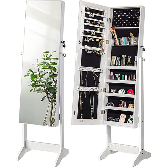 Luxfurni LED Light Jewelry Cabinet Standing Mirror Makeup Lockable Armoire, Large Storage Organizer