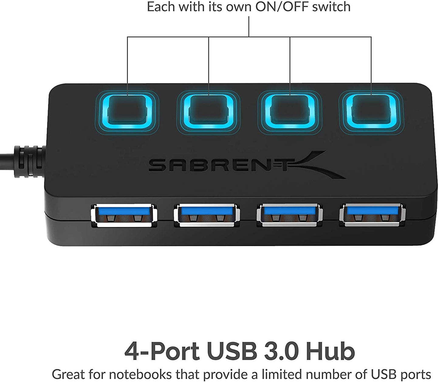 Sabrent 4-Port USB 3.0 Data Hub with Individual LED Power Switches | 2 Ft Cable | Slim & Portable (HB-UM43)