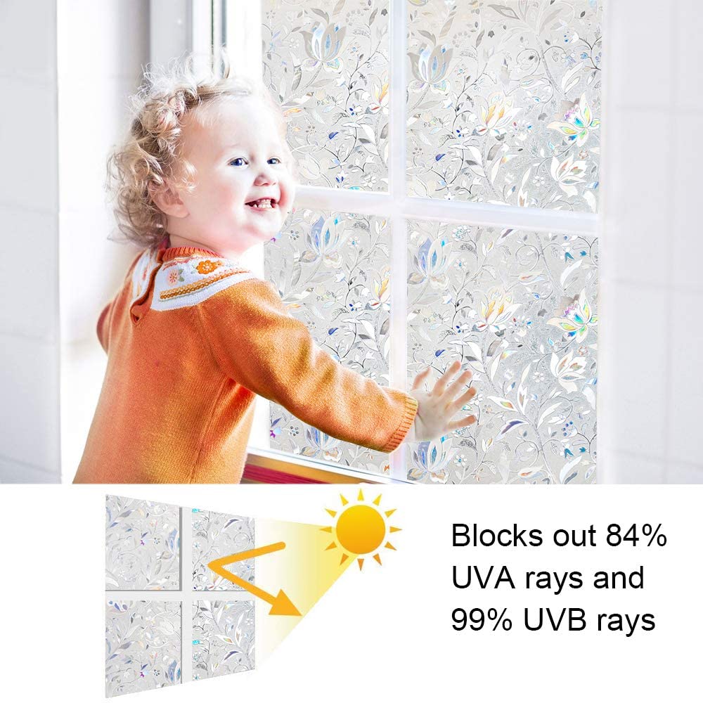 RABBITGOO 3D Decorative Window Films Privacy Static Cling Glass Window Film Non-Adhesive Heat Control Anti UV Flower Patten for Home Kitchen Bedroom