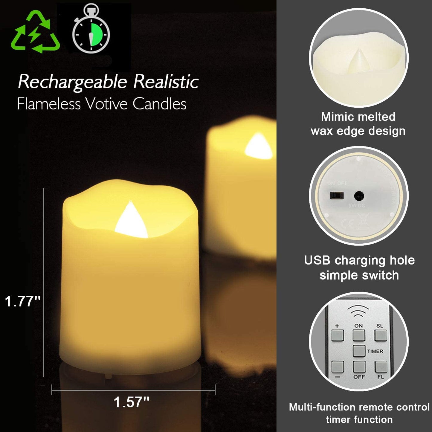 Homemory Rechargeable Flameless Candles with Remote, Battery, Timer, 6 PCS Electric Fake Candle in Warm White (USB Cable Included)