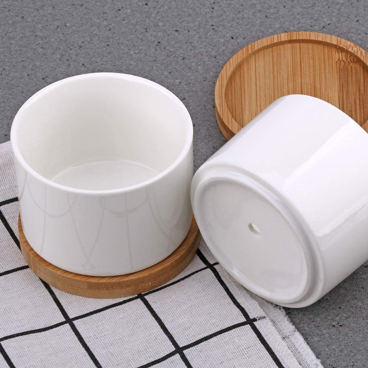 Succulent Planter ZOUTOG White Mini 3.15 inch Ceramic Flower Planter Pot with Bamboo Tray Pack of 4 (Plants NOT Included)