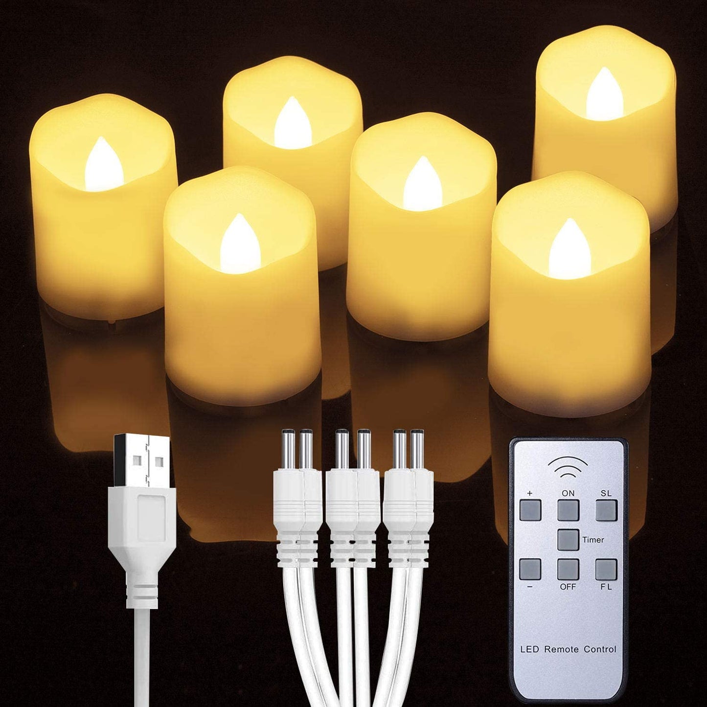 Homemory Rechargeable Flameless Candles with Remote, Battery, Timer, 6 PCS Electric Fake Candle in Warm White (USB Cable Included)