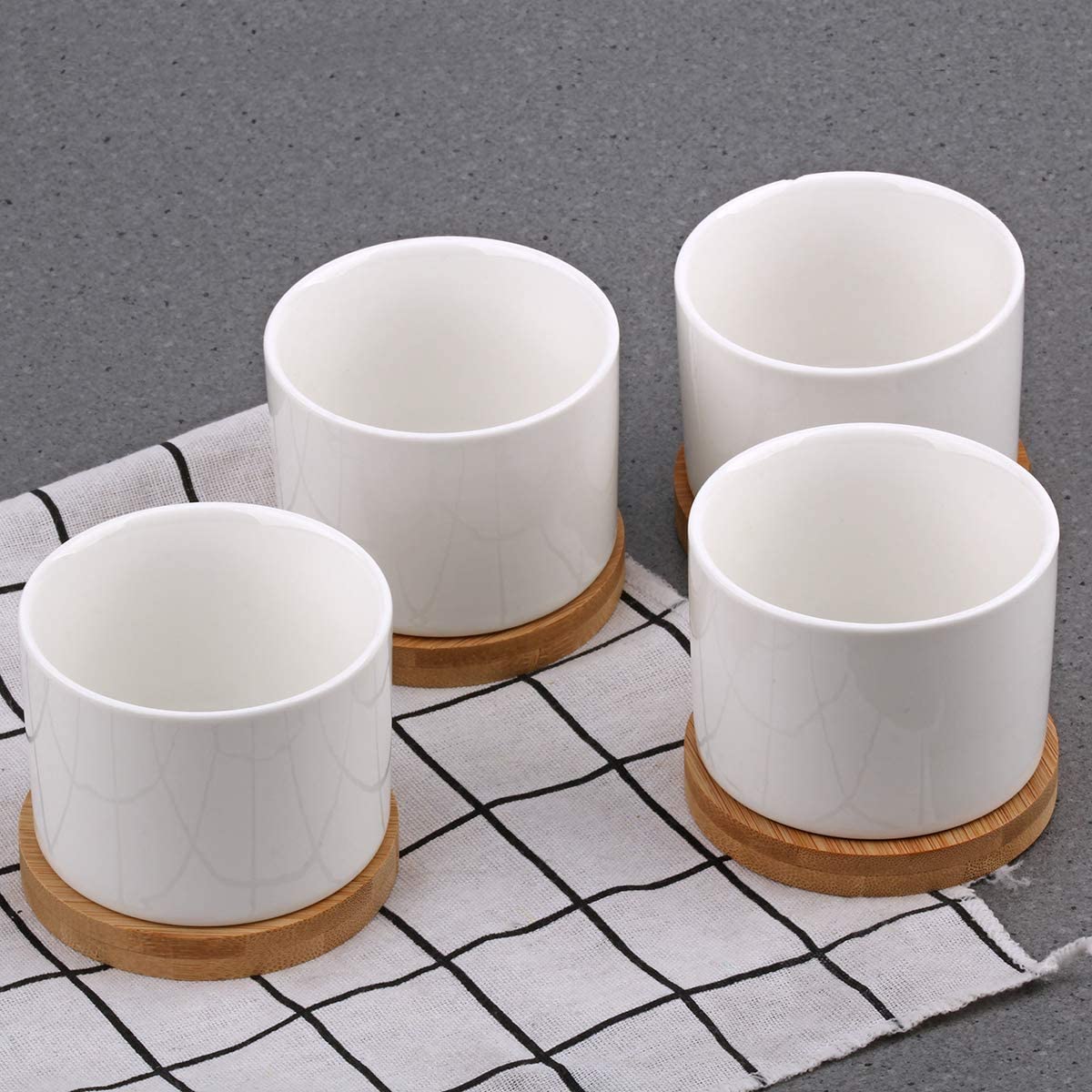Succulent Planter ZOUTOG White Mini 3.15 inch Ceramic Flower Planter Pot with Bamboo Tray Pack of 4 (Plants NOT Included)