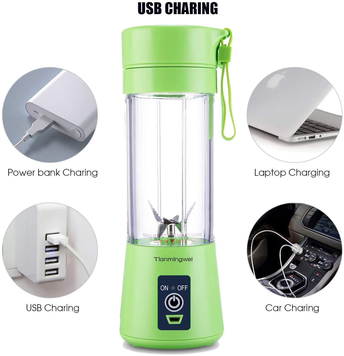 Portable blender Personal 6 Blades Juicer Cup Household Fruit Mixer, With Magnetic Secure Switch, USB Charger Cable 380ML(Green)