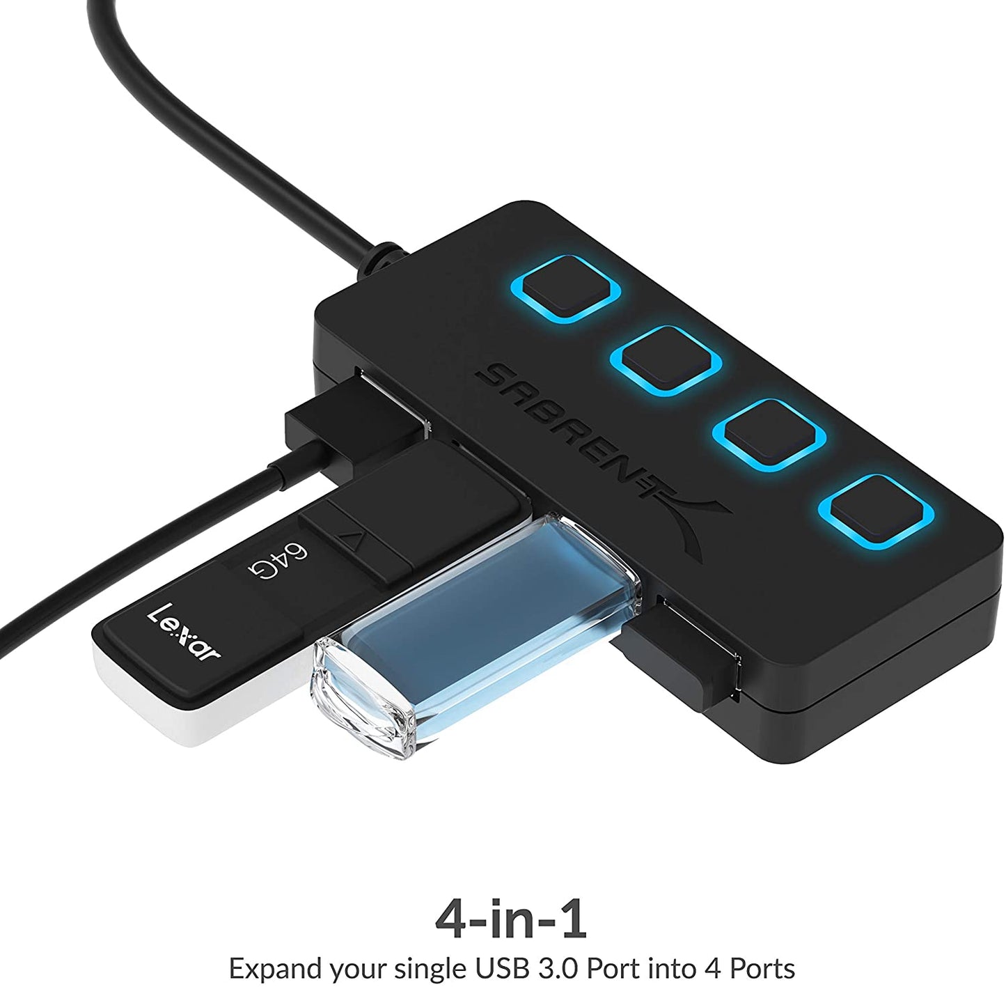 Sabrent 4-Port USB 3.0 Data Hub with Individual LED Power Switches | 2 Ft Cable | Slim & Portable (HB-UM43)