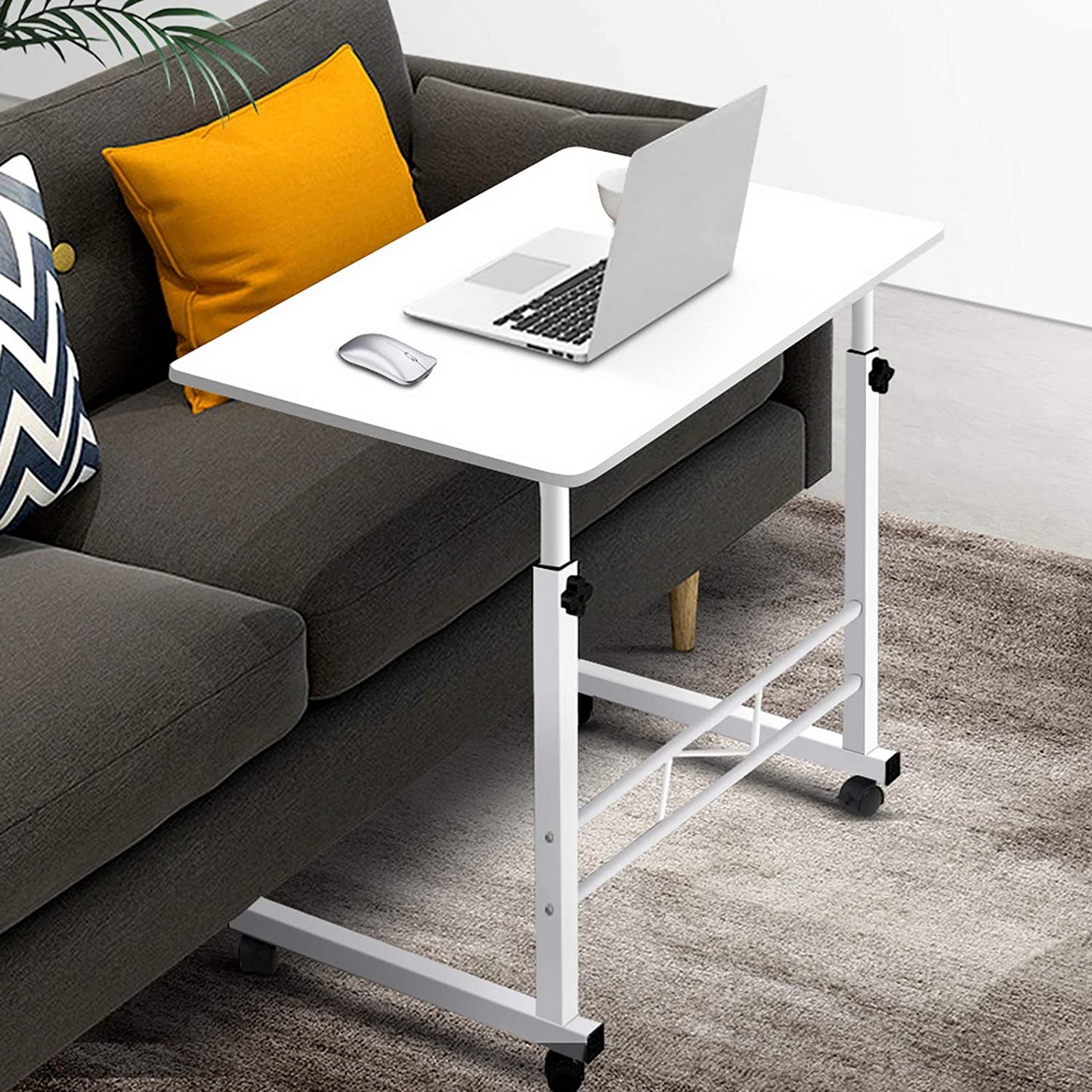 Mobile Laptop Desk Adjustable Height 360°Rotation Wooden Table Top Metal Frame Notebook, Computer Stand for Home Office - White