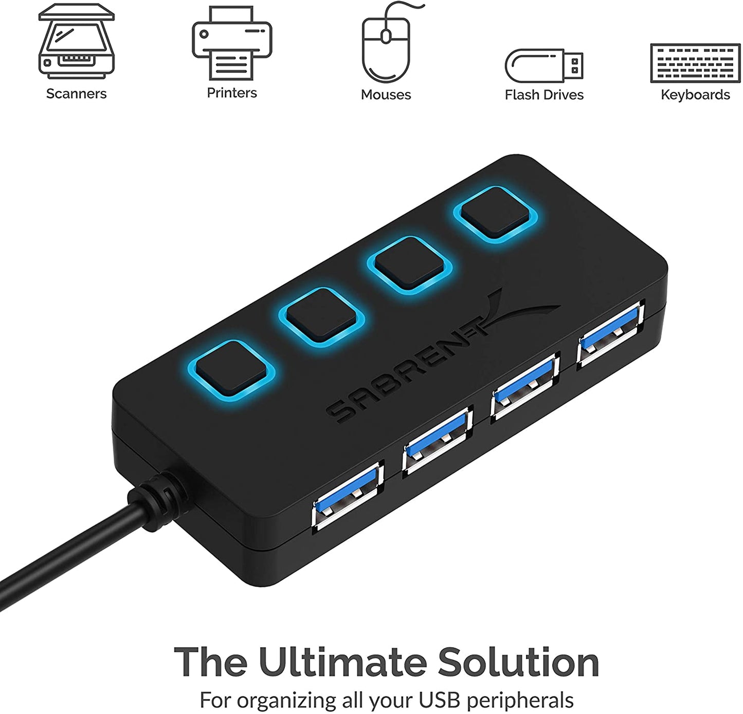 Sabrent 4-Port USB 3.0 Data Hub with Individual LED Power Switches | 2 Ft Cable | Slim & Portable (HB-UM43)