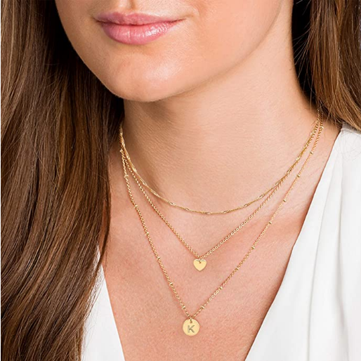 Aisansty Layered Heart Disc Initial Necklaces for Women, Girls 14K Gold Plated Handmade